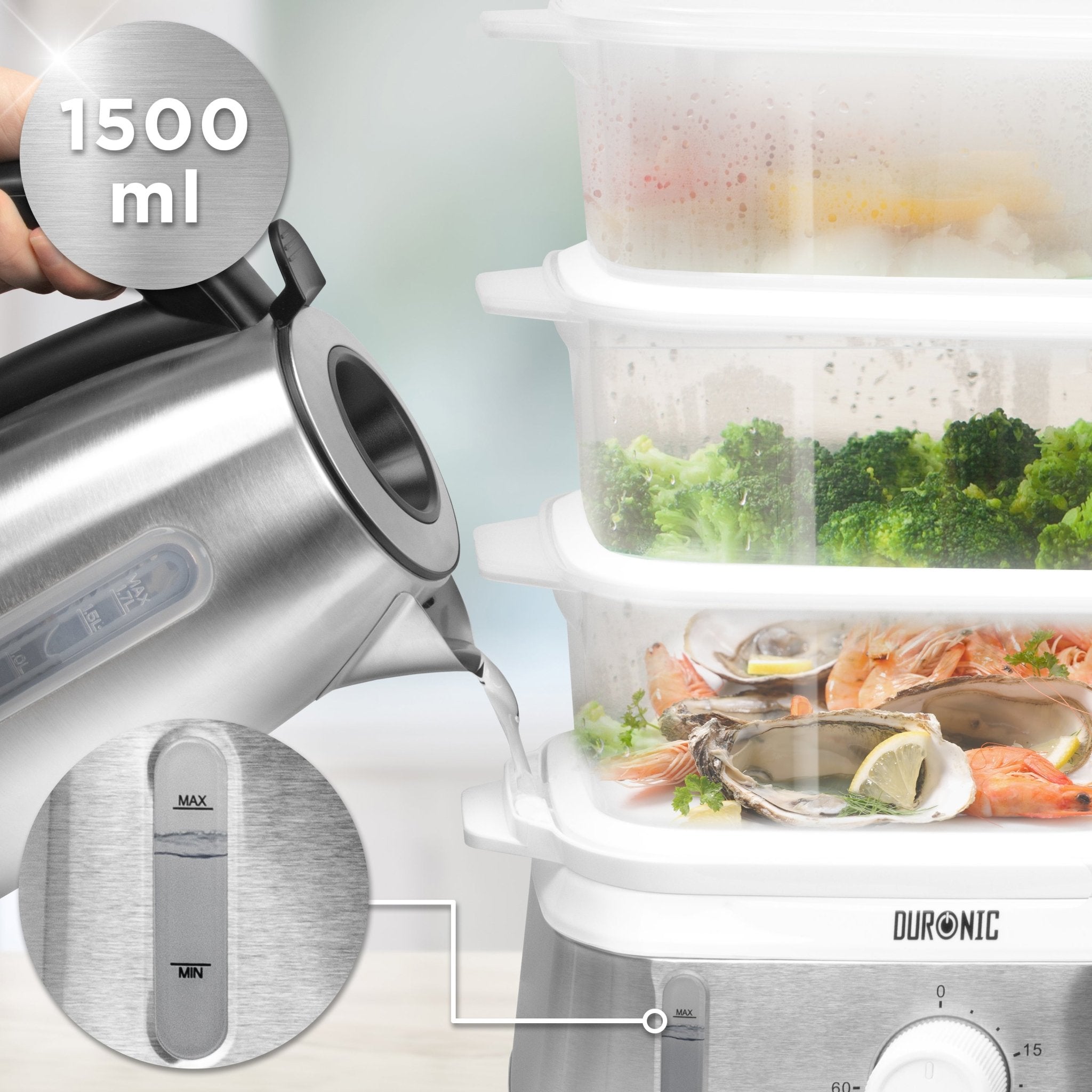 Duronic 3 Tier Food Steamer FS95 Electric Veggie Steamers for Food Cooking Kitchen Steamer for Eggs Rice Meat Momos & Steaming Fish Baby Food Steamer Steam Cooker 9L Steamer Pot