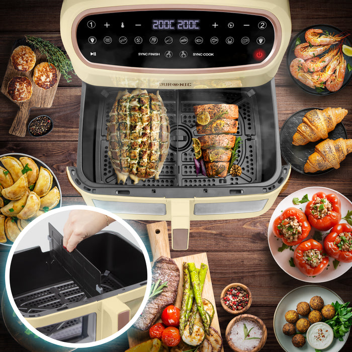 (LIMITED EDITION) Duronic AF34 SG XXL Triple Drawer Air Fryer, 10L Digital Family Size Air Fryers 10in1 Dual Zone Extra Large Oil Free Cooker for Family Cooking with Dishwasher Safe Non-Stick Baskets Sandstone & Gold