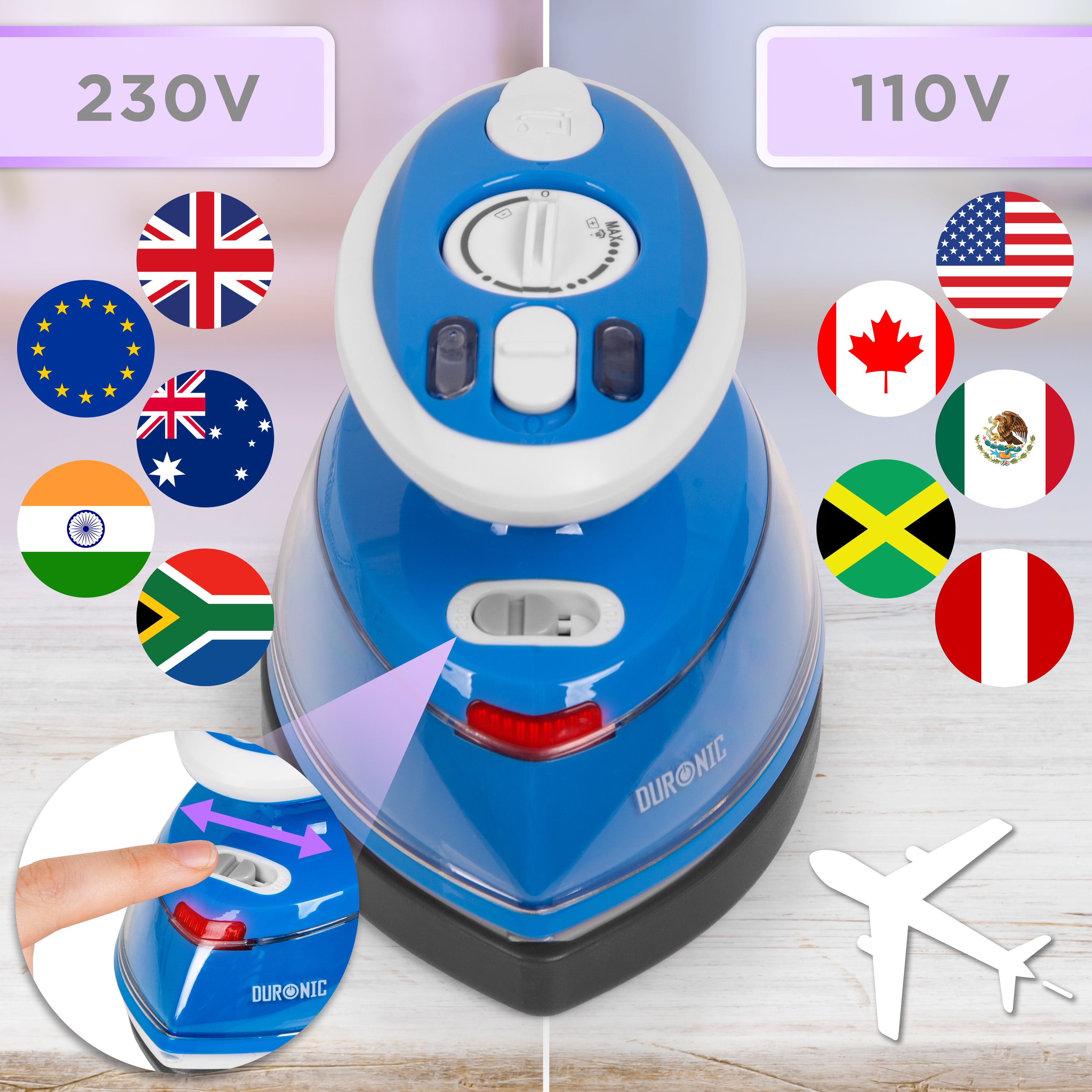 Duronic Travel Iron Si3 BE Small Mini Compact Steamer Quilting Iron 400W | 35ml Capacity With Brush and Variable Heat Settings, Patchwork, Applique, Craft For Holiday Blue