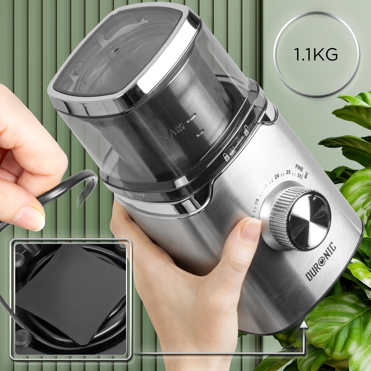 Duronic CG650 Electric Coffee Grinder, 220ml Spice Grinding Cup, Silver, Compact Coffee Grinder & Spice Mill, Adjustable Coarseness Knob, Push-to-Grind Pulse, Silicone Seal Lid, 150W