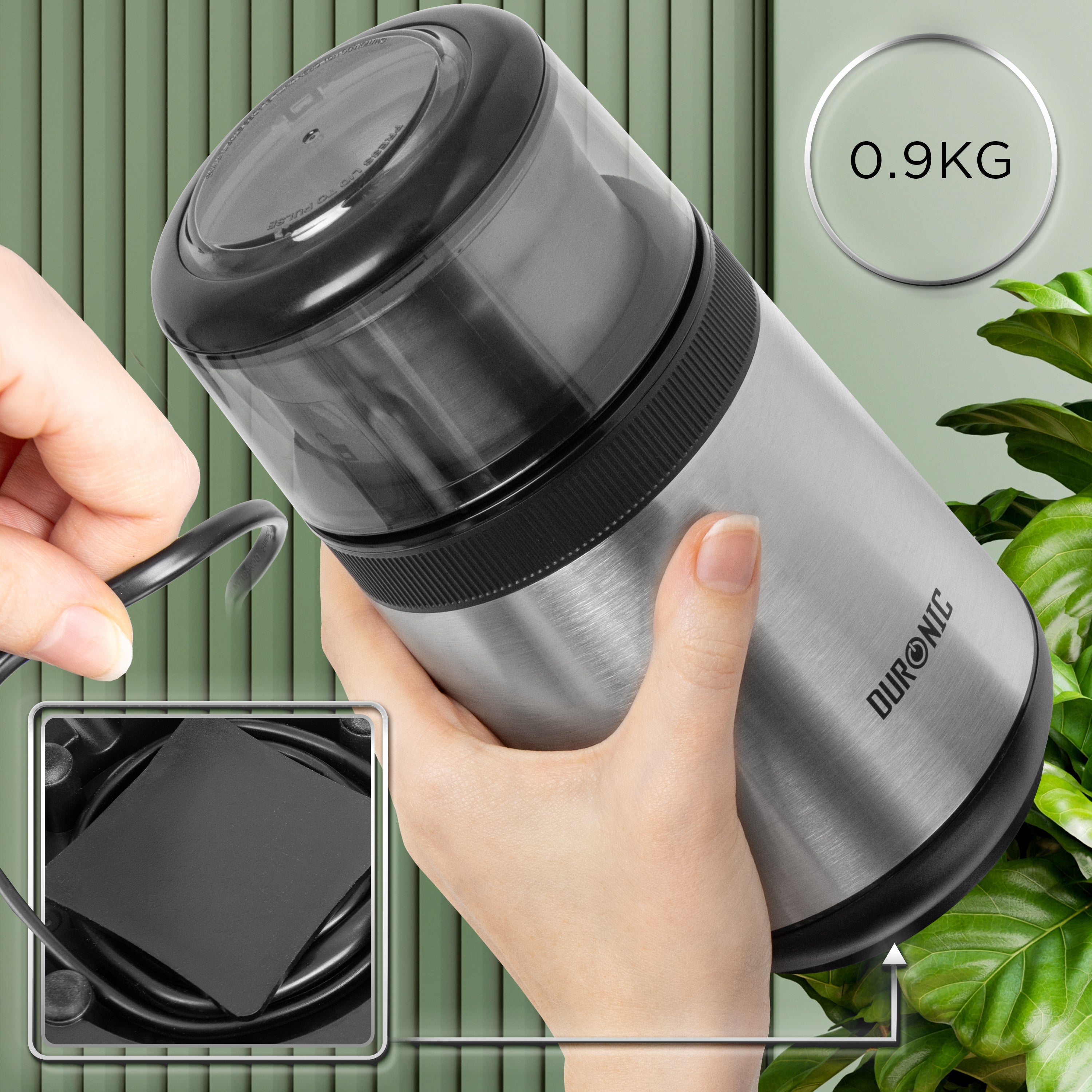 (INCLUDES 2 CUPS) Duronic CG355 Electric Coffee Grinder, 220ml Spice Mill, Stainless Steel, Fast One-Touch Grinding with Separate Dry and Wet cups for Coffee, Spices, Nuts, Seeds, Pastes and Sauces, 150W