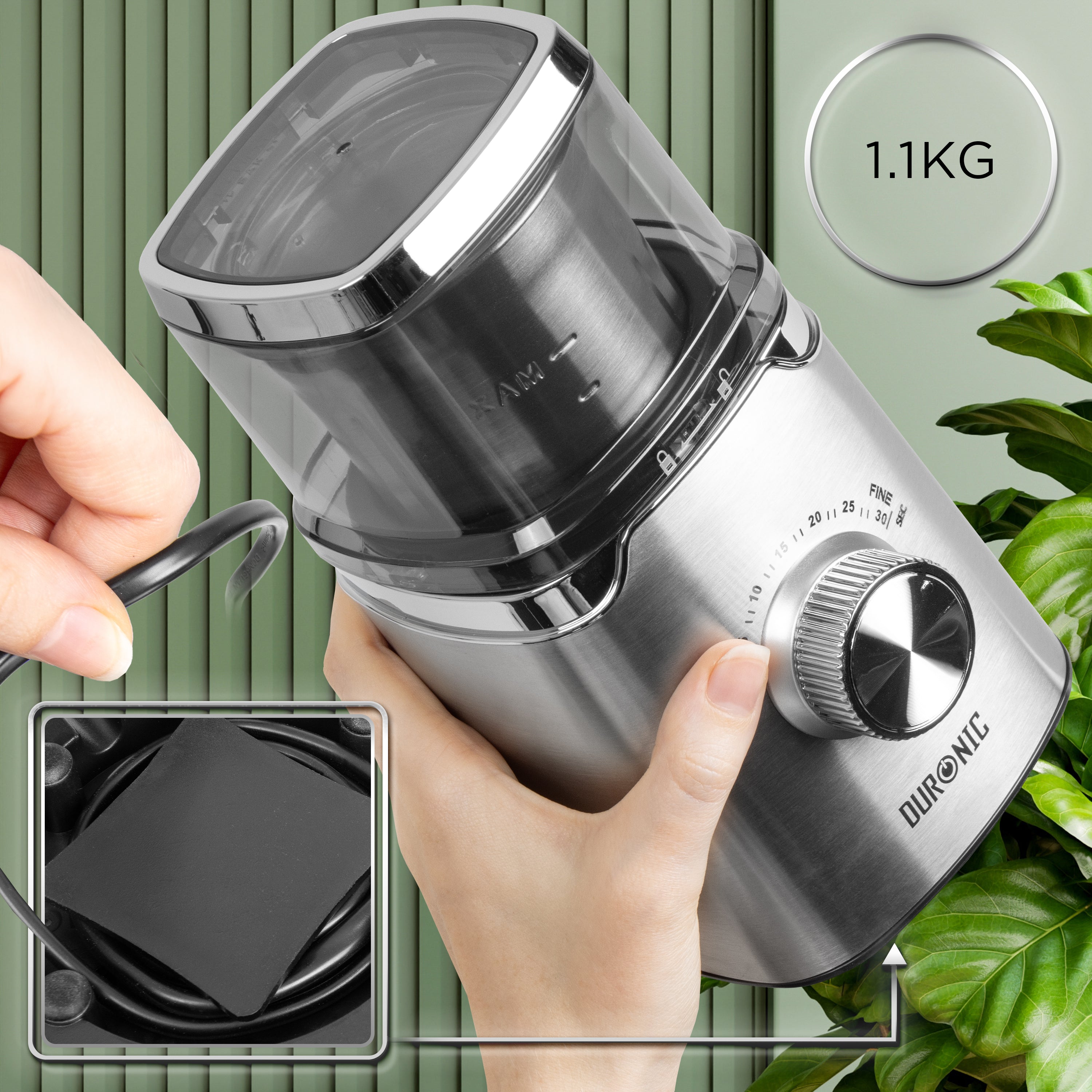 (INCLUDES 2 CUPS) Duronic CG655 Electric Coffee Grinder with Wet & Dry Cups, 220ml, Silver, Metal Spice Mill, Adjustable Coarseness, Push Pulse, Silicone Seal, for Coffee Beans, Spices, Nuts, flaxseeds, 150W