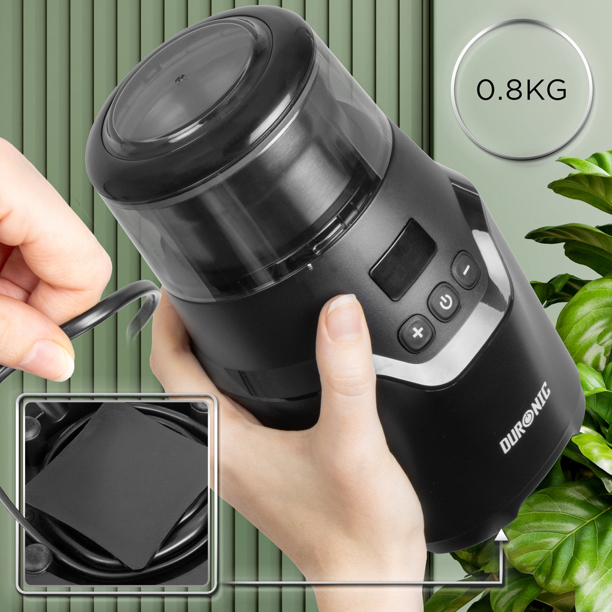 Duronic CG550 Electric Coffee & Spice Grinder, 220ml Cup, Adjustable Timer, Fast Blade Grinder Push-button control, Ideal for Coffee Beans, Dry Spices, Seeds & Nuts with Silicone-Lined Lid, 150W, Black