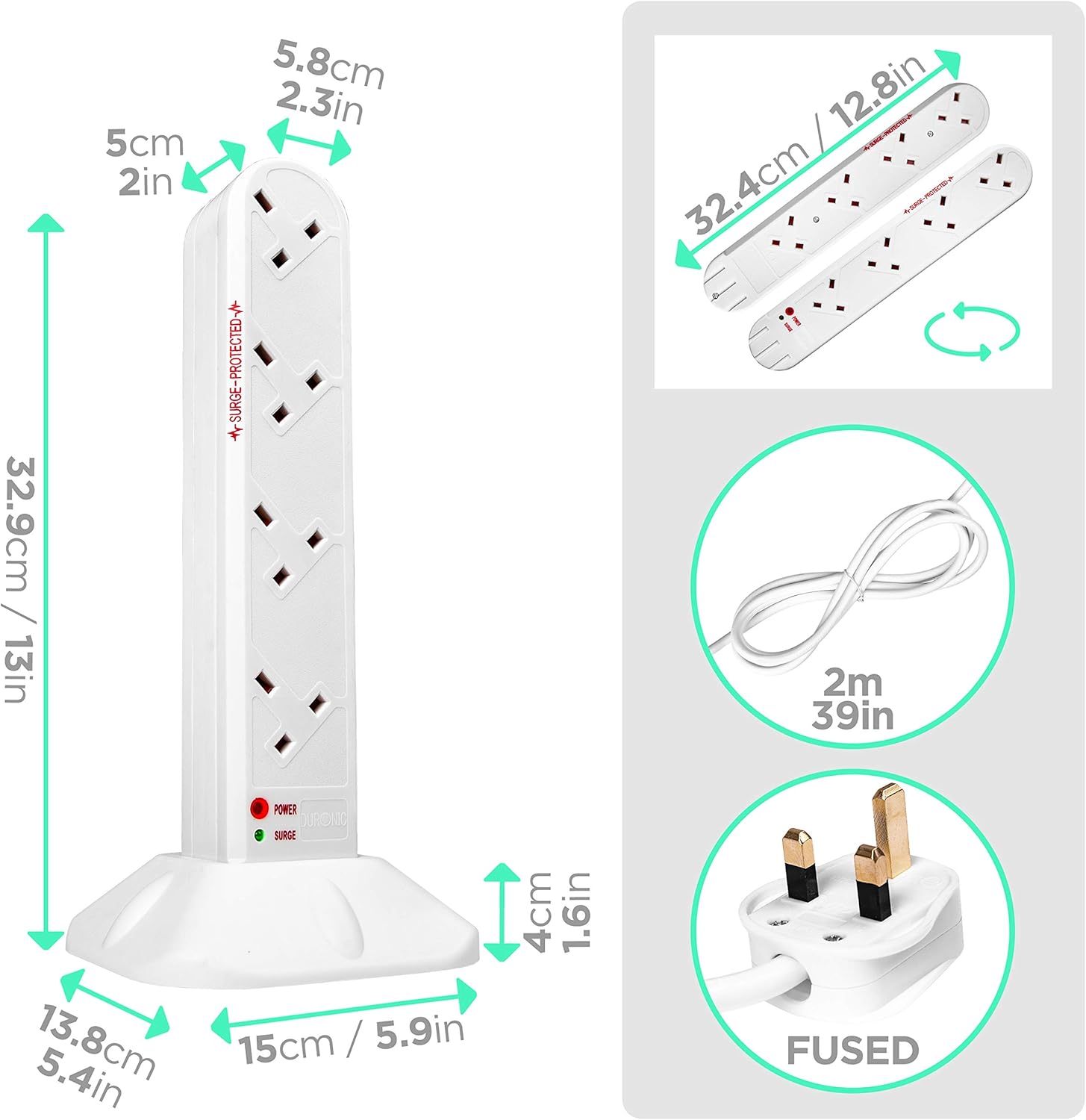 Duronic Extension Lead Tower ST8W Power Strip Cord Adaptor 8 Gang Way | Surge & Spike Protector| Electric UK Multi Plug Socket Adapter | 1.8 Metre Power Cable - White