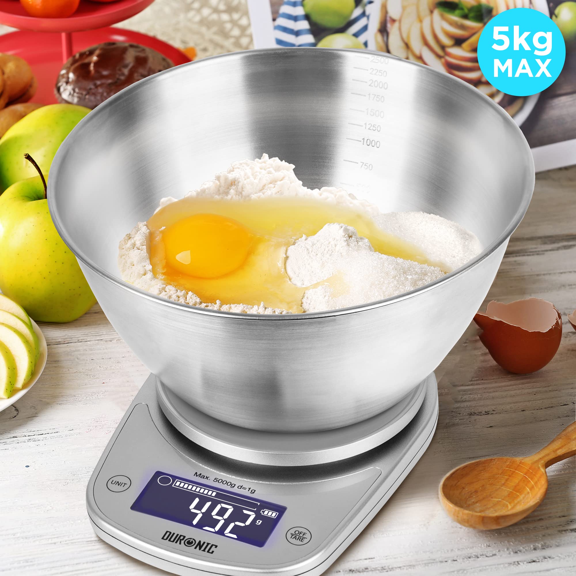 Duronic Digital Kitchen Scale KS5000 SR/SS Kitchen Scales with Bowl, Weighing Scale, Baking Scale for Cooking Baking Pet Food Postal, Food Scale Weight Scale, Electronic Scale with Backlit LCD Display