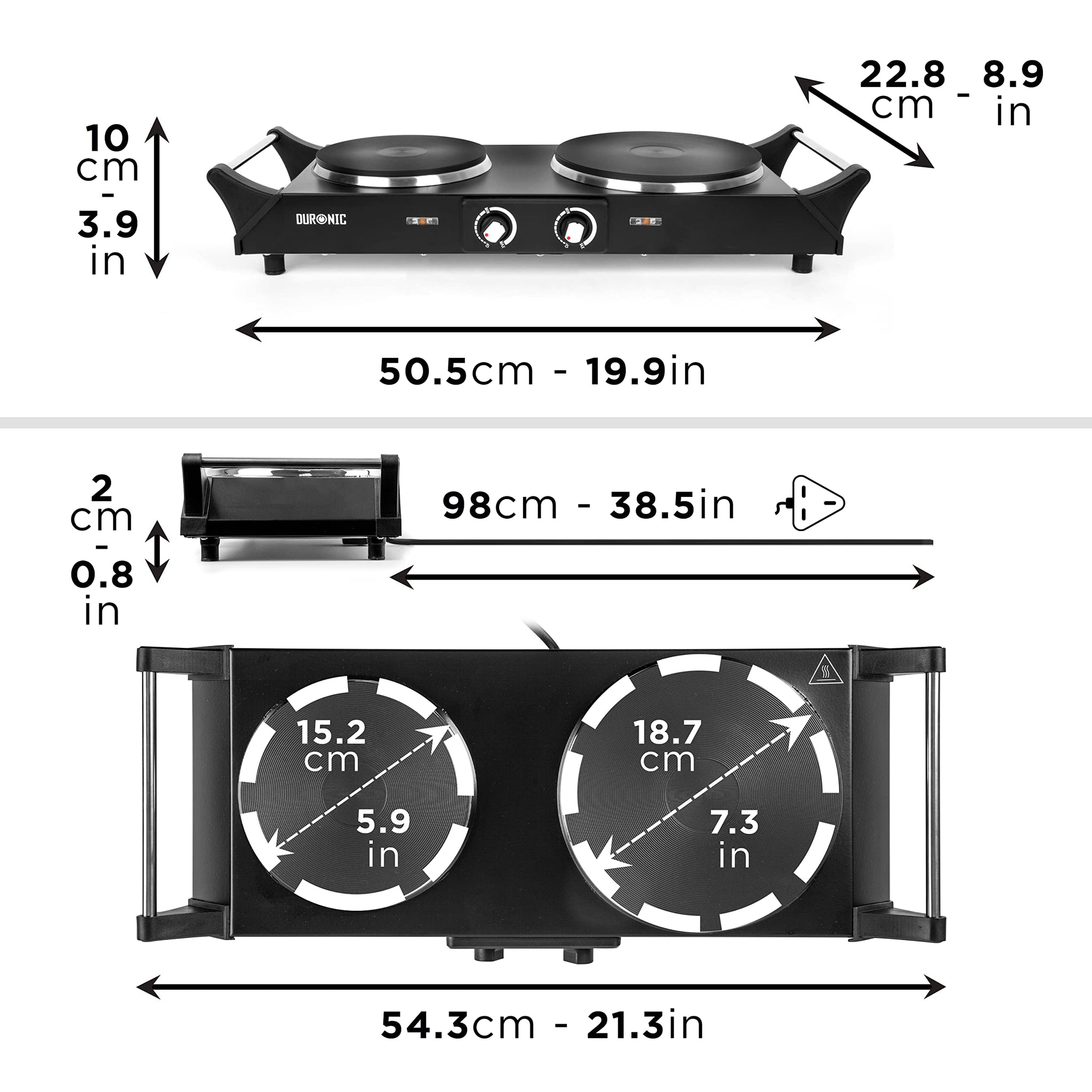 Duronic Hot Plate HP2 BK, Table-Top Cooking, 2500W Black Steel Electric Double Hob with Handles, 2 Cast Iron Portable Hob Rings (1500W & 1000W) for Warming, Cooking Boiling Fryer