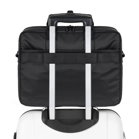 Duronic Laptop Messenger Bag with a luggage strap secured onto the telescoping handle of a suitcase.