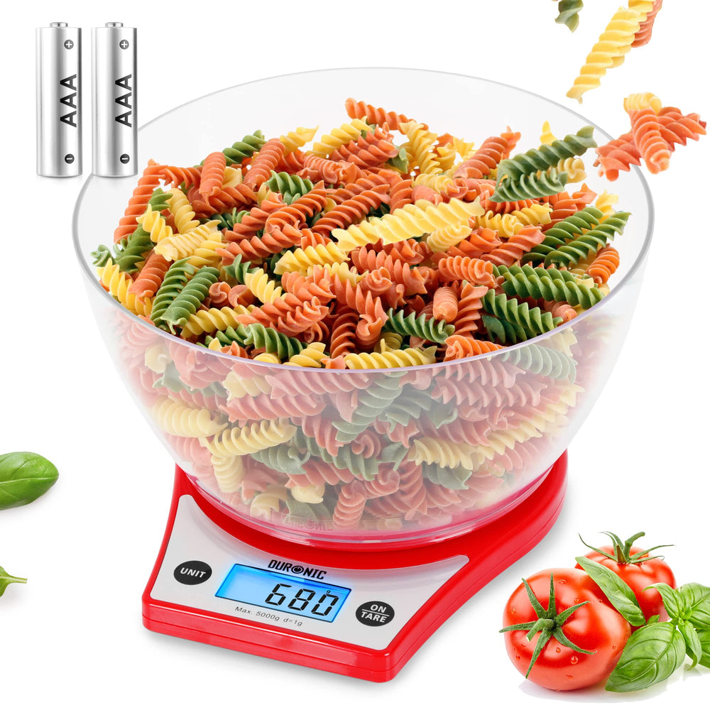 Duronic Digital Kitchen Scale KS6000 RD Kitchen Scales with Bowl, Weighing Scale, Baking Scale for Cooking Baking Pet Food Postal, Food Scale Weight Scale, Electronic Scale with Backlit LCD Display