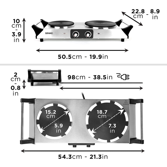 Duronic Hot Plate HP2 SS, Table-Top Cooking, 2500W Silver Steel Electric Double Hob with Handles, 2 Cast Iron Portable Hob Rings (1500W & 1000W) for Warming, Cooking Boiling Fryer