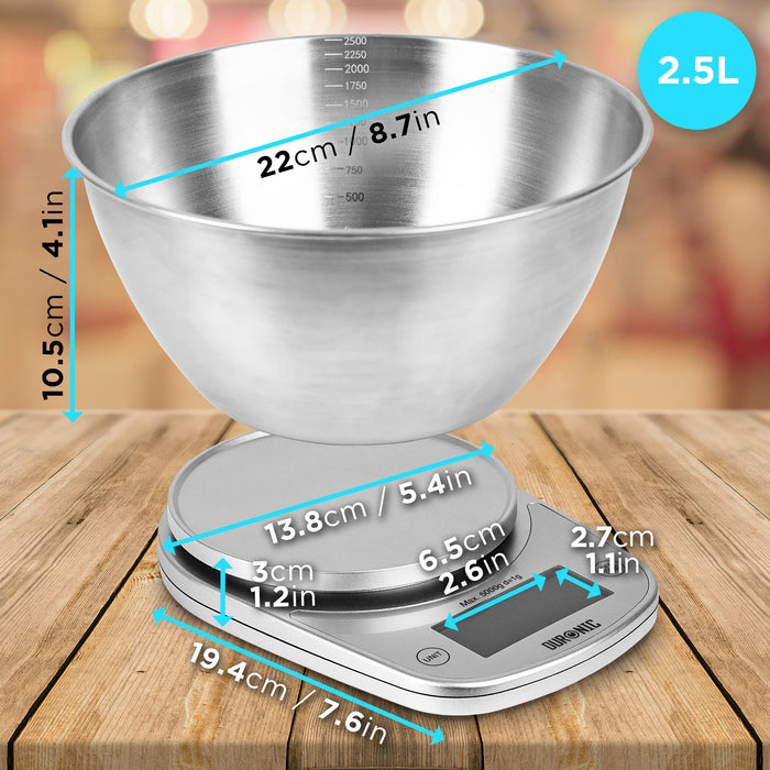 Duronic Digital Kitchen Scale KS5000 SR/SS Kitchen Scales with Bowl, Weighing Scale, Baking Scale for Cooking Baking Pet Food Postal, Food Scale Weight Scale, Electronic Scale with Backlit LCD Display