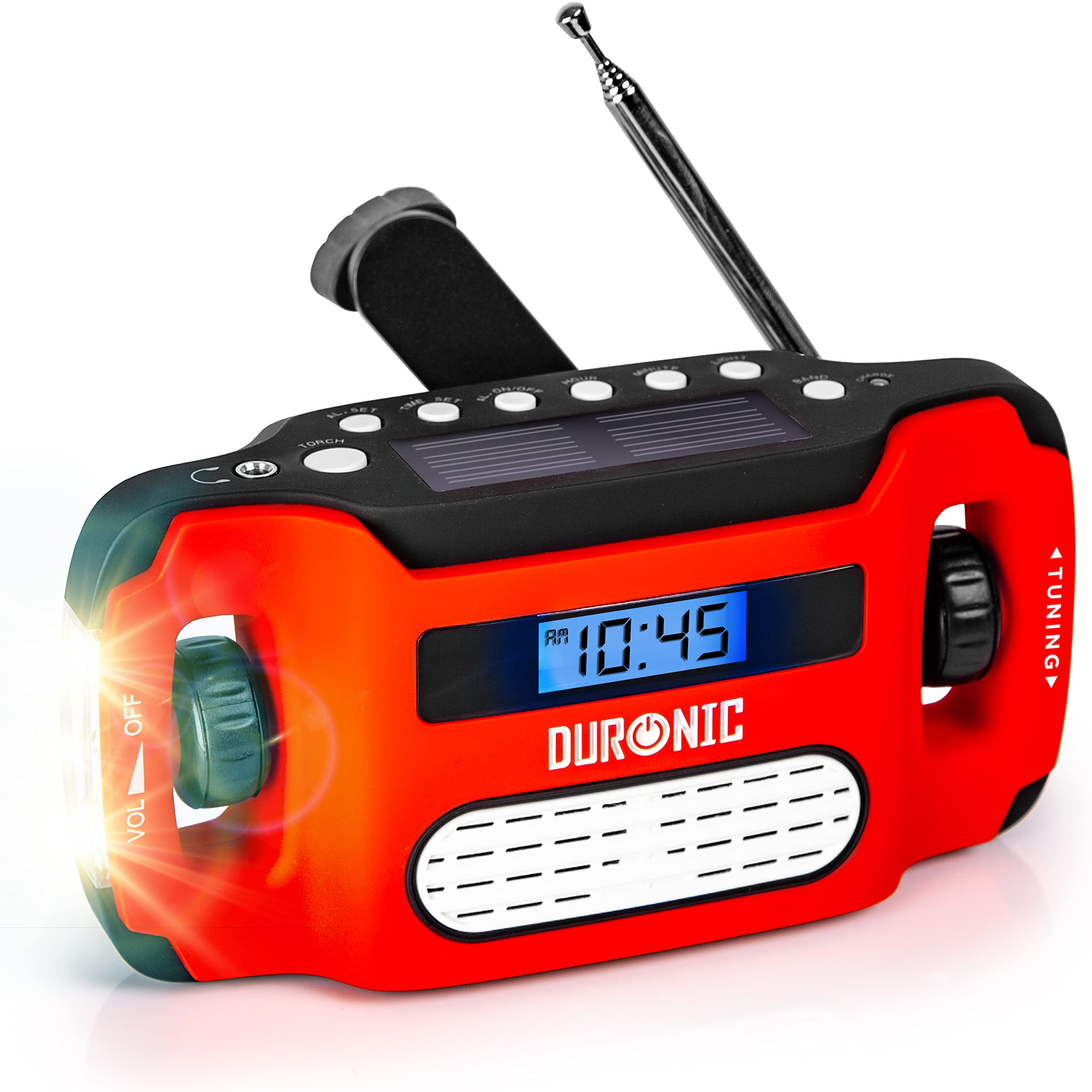 Duronic Wind Up Solar Powered Flashlight Radio Apex, Rechargeable Portable AM FM Radio with Torch, Three Charging Methods, Battery Free, Solar Panels, Adjustable Antenna for Camping and Hiking