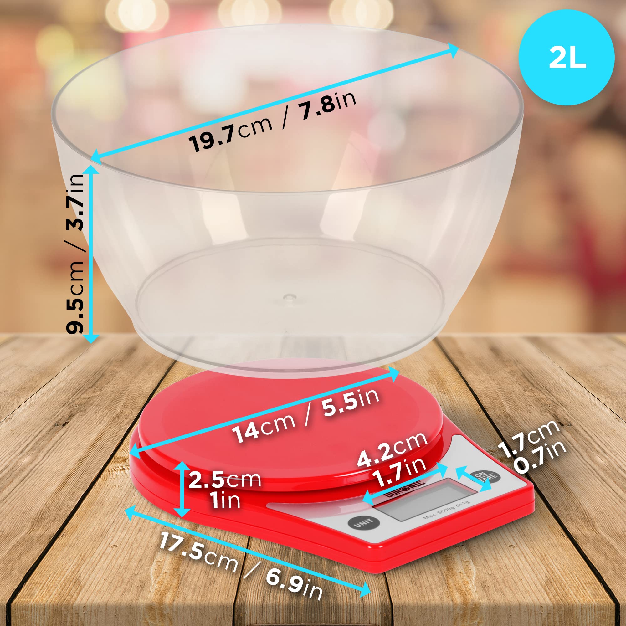 Duronic Digital Kitchen Scale KS6000 RD Kitchen Scales with Bowl, Weighing Scale, Baking Scale for Cooking Baking Pet Food Postal, Food Scale Weight Scale, Electronic Scale with Backlit LCD Display