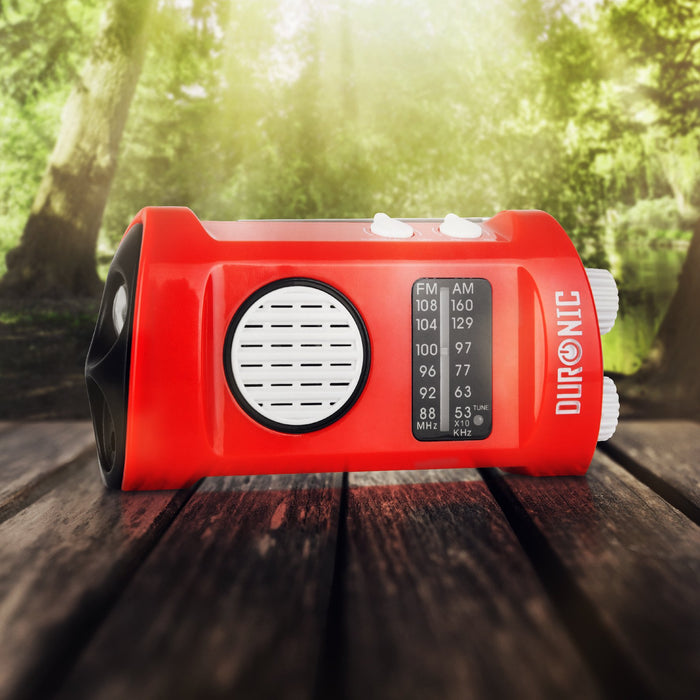 Duronic AM/FM Radio ECOHAND, Solar Powered Radio with LED Torch, Wind-Up Charging, Headphone Jack and Integrated Flashlight for Camping, Hiking and Emergency Use