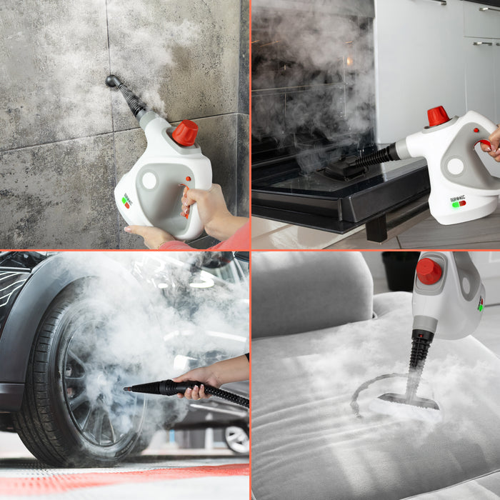 Duronic SC32 WE Handheld Steam Cleaner with 14 Accessories, 1050W Multi-Surface Steamer & Window Cleaner for Kitchen Oven, Bathroom Tile Grout & Car Upholstery, Chemical-Free with UK Plug White