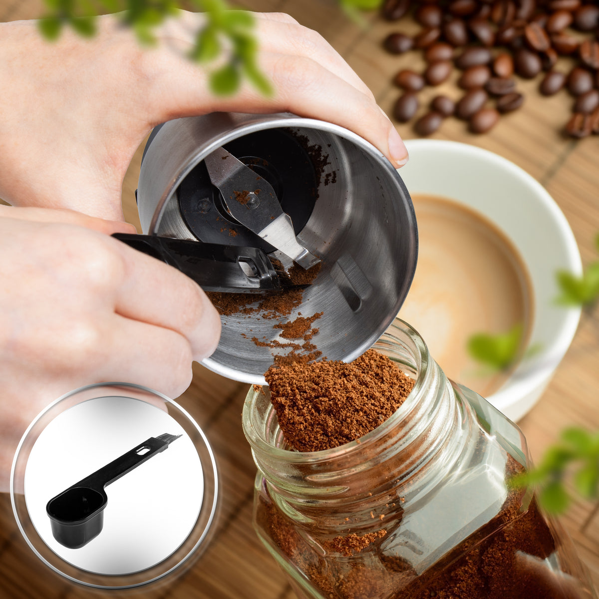 (INCLUDES 2 CUPS) Duronic CG555 Electric Coffee Grinder, 220ml Wet & Dry Cups, Black, Spice Mill & Blade Grinder, Dual/Quad-Blade Cups, Adjustable Timer, Push-Button Controls, Leak-Proof Lid, 150W