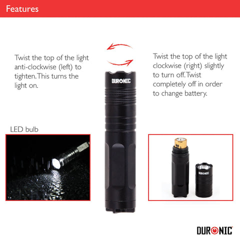 A Duronic LED flashlight feature diagram showing how to twist the top anti-clockwise to turn it on, clockwise to turn it off, and how to access the battery compartment.