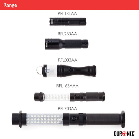 A range of five black Duronic LED flashlights and work lights of various sizes and designs, labeled with model numbers RFL131AA through RFL303AA
