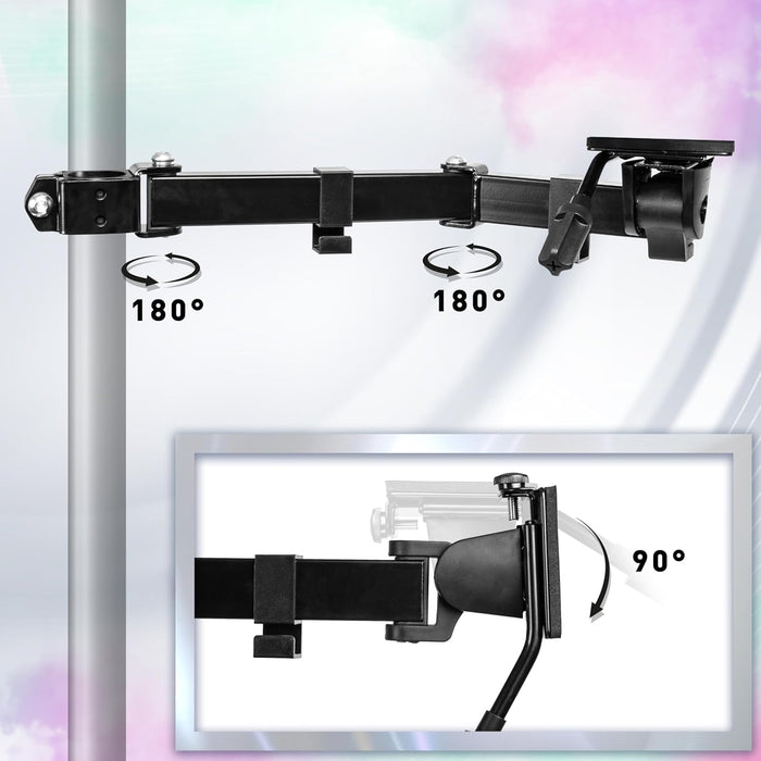 Adjustable black monitor mount arm with 180-degree swivel joints and 90-degree tilt for ergonomic screen positioning.