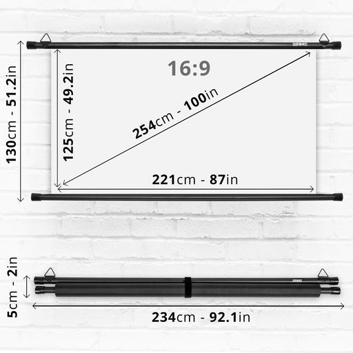 Duronic Bar Projector Screen BPS100 / 169 Wall Mountable 100” Projection Screens for Home Office School Matte White Movie Screen with 16:9 Aspect Ratio for Movie Nights Cinema Presentations