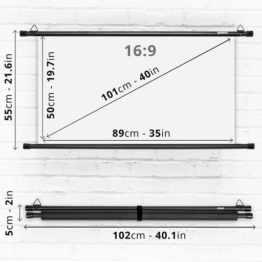 Duronic Bar Projector Screen BPS40 / 169 Wall Mountable 40” Projection Screens for Home Office School Matte White Movie Screen with 16:9 Aspect Ratio for Movie Nights Home Cinemas Office Presentations
