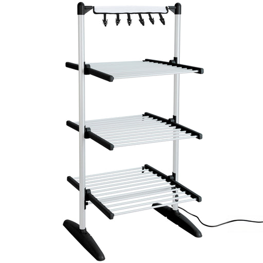 Duronic CA30 BK Electric Clothes Airer 3 Tier Heated Indoor Laundry Drying Rack with Washing Pegs 300W Foldable Sock Hanger Lightweight Garment Dryer Stand for Hats Gloves Small Spaces Home