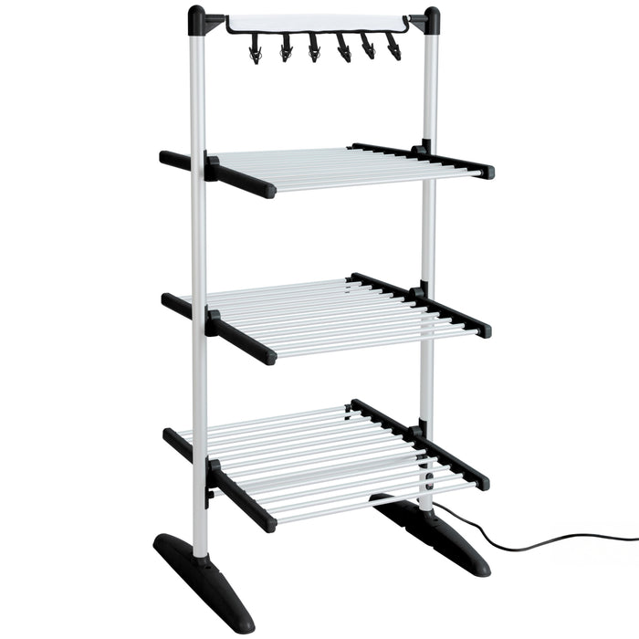 Duronic CA30 BK Electric Clothes Airer 3 Tier Heated Indoor Laundry Drying Rack with Washing Pegs 300W Foldable Sock Hanger Lightweight Garment Dryer Stand for Hats Gloves Small Spaces Home