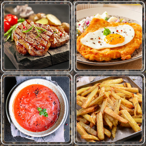 Collage of delicious dishes including grilled steak, schnitzel with egg, tomato soup, and crispy fries