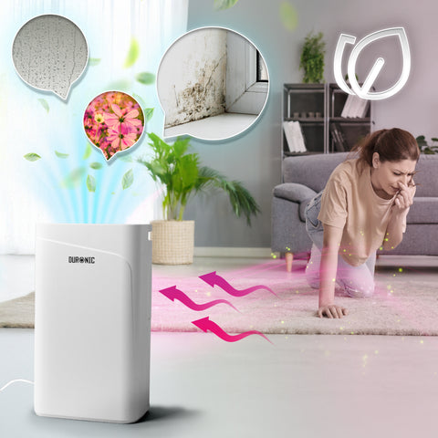 Duronic 12L Air Dehumidifier blowing clean air to remove mold, condensation, and bad home odors.