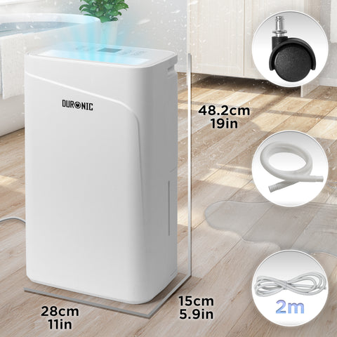 Duronic 12L Air Dehumidifier displaying product dimensions alongside included caster wheel, drainage hose, and power cable.