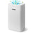 Duronic 12L Air Dehumidifier emitting clean air, illustrated with upward blue arrows and green leaves.