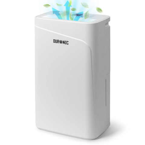 Duronic 12L Air Dehumidifier emitting clean air, illustrated with upward blue arrows and green leaves.