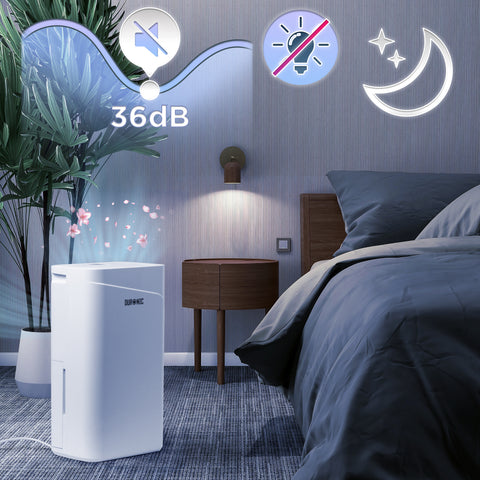 Duronic 12L Air Dehumidifier operating at 36dB inside a bedroom with night mode features.