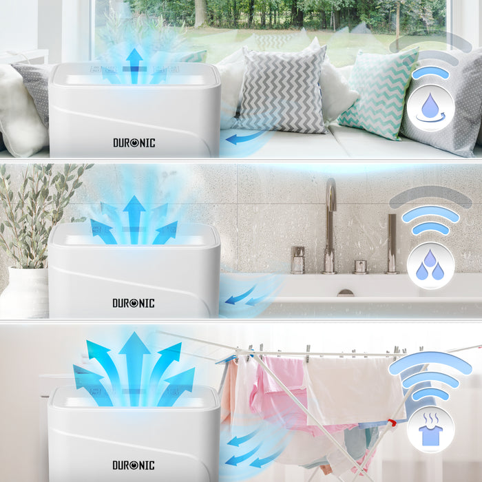 Duronic 12L Air Dehumidifier showcasing three airflow modes for living room, bathroom, and drying laundry.