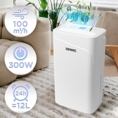 Duronic 12L Air Dehumidifier showing 12L daily capacity product feature icons.
