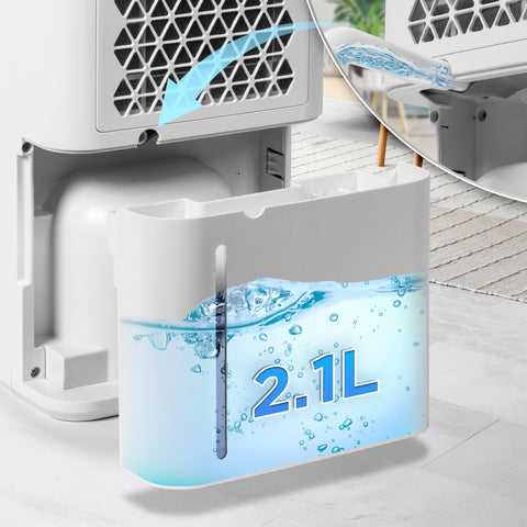 Duronic 12L Air Dehumidifier showing a removable 2.1L water tank and continuous drainage hose connection option.