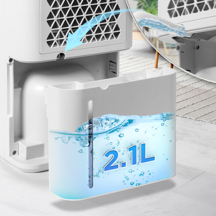 Duronic 12L Air Dehumidifier showing a removable 2.1L water tank and continuous drainage hose connection option.