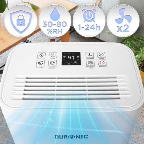 Duronic 12L Air Dehumidifier with digital control panel, adjustable humidity settings, timer, and child lock feature.