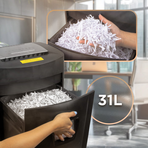 Duronic 18 Sheet XXL Cross Cut with an open pull-out bin full of cross-cut shredded paper.