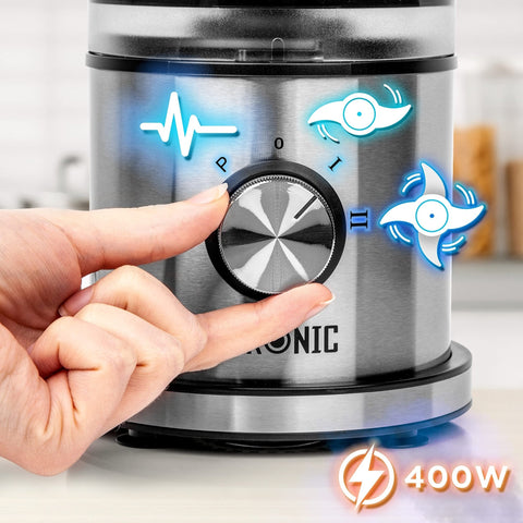 Duronic 2-in-1 Mini Food Processor and Chopper showing pulse, low, and high speed settings.