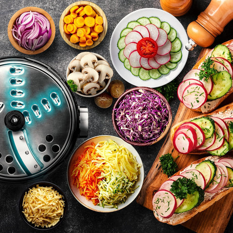 Duronic 2-in-1 Mini Food Processor and Chopper surrounded by fresh sliced, shredded, and plated vegetables.