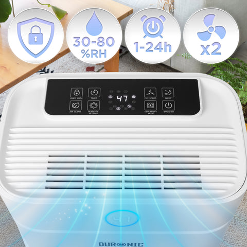 Duronic  20L Air Dehumidifier featuring digital touch controls, child lock, timer, humidity settings, and two fan speeds.