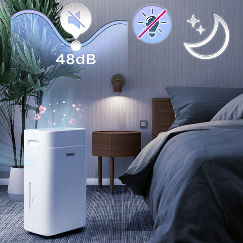 Duronic  20L Air Dehumidifier operating quietly at 48dB in a bedroom during night mode setting.