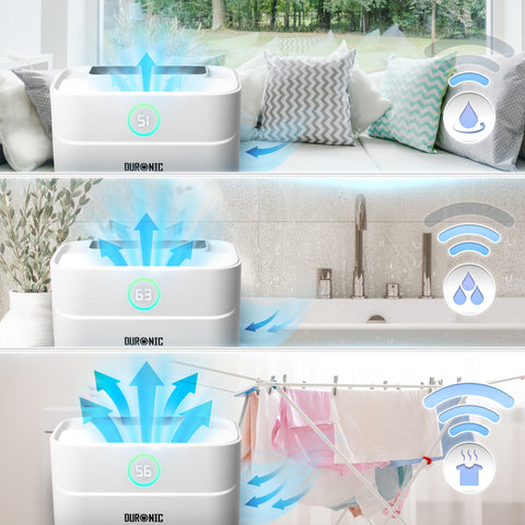 Duronic  20L Air Dehumidifier showing airflow performance in living room, kitchen, and laundry drying areas.