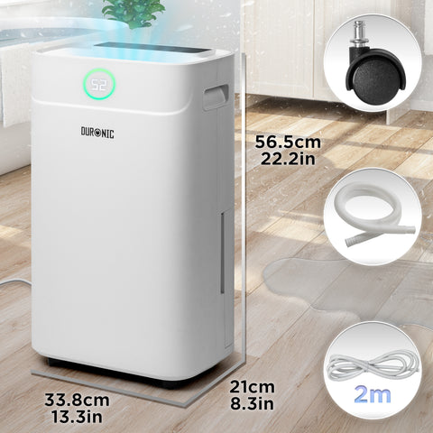 Duronic  20L Air Dehumidifier showing dimensions, digital display, caster wheel, drainage hose, and 2m power cable.