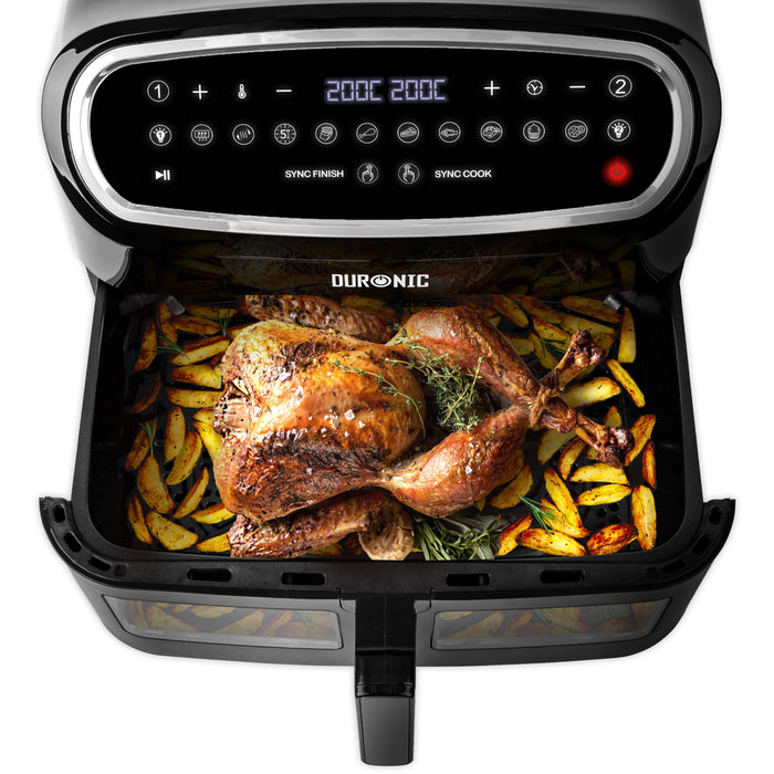 Duronic AF14 BK large drawer air fryer 10L capacity to sync cook roast chicken, potato wedges, roast beef, and more