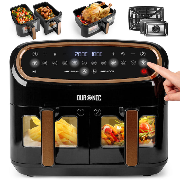 Duronic AF34 BG black dual basket air fryer with fries and vegetables cooking