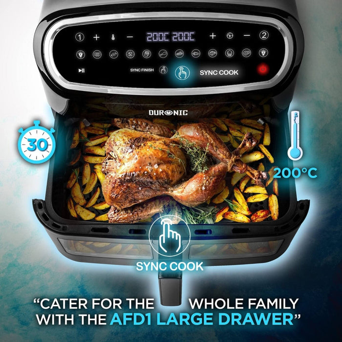 Duronic AF34 BK large drawer air fryer sync cooking roast chicken and potato wedges