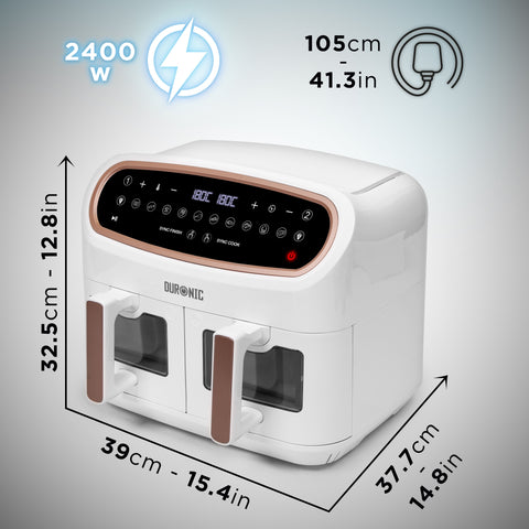 Duronic AF34 WE white air fryer with two cooking compartments and LED touch screen