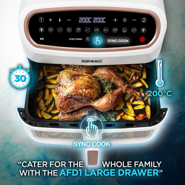 Duronic AF34 WE digital air fryer with crispy golden wedges roast chicken in large basket Sync Cook