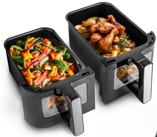 Duronic AFD2 BK twin drawers cooking chicken and vegetables for dual drawer air fryer AF24 or AF34 BK triple drawer air fryer